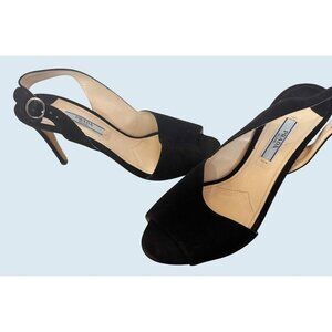 PRADA Black Suede Open Toe Adjustable Sling Back Heel Size 7.5